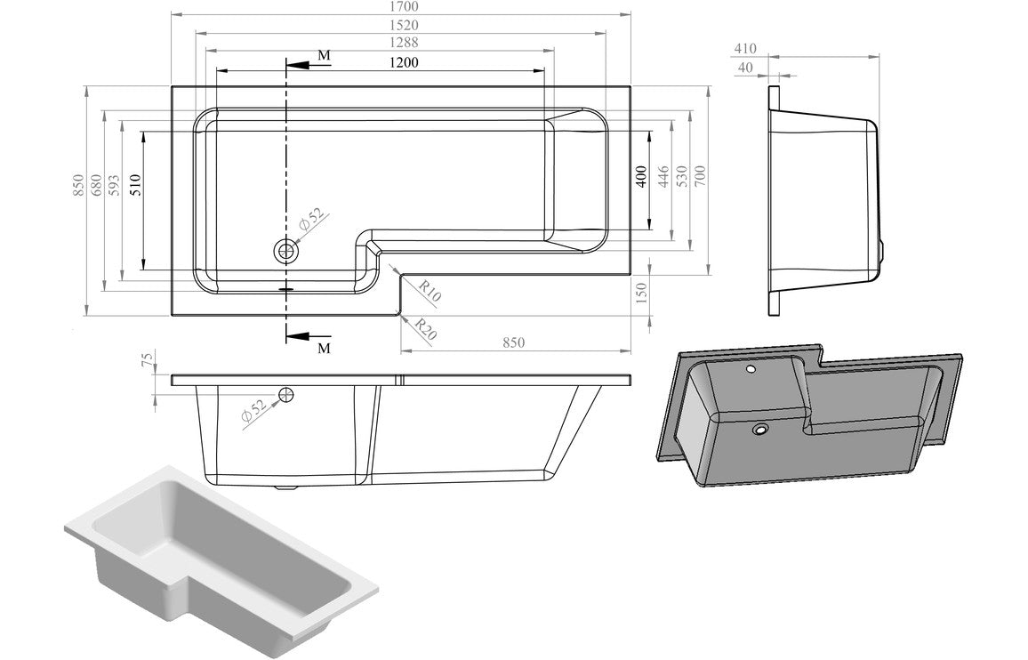 Levatine L Shape SUPERCAST 1700x850x560mm 0 Tap Holes Shower Bath Pack (Left Hand) - Brushed Brass