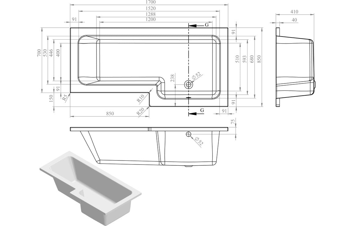 Levatine L Shape 1700x850x560mm 0 Tap Holes Shower Bath Pack (Right Hand) - Brushed Brass