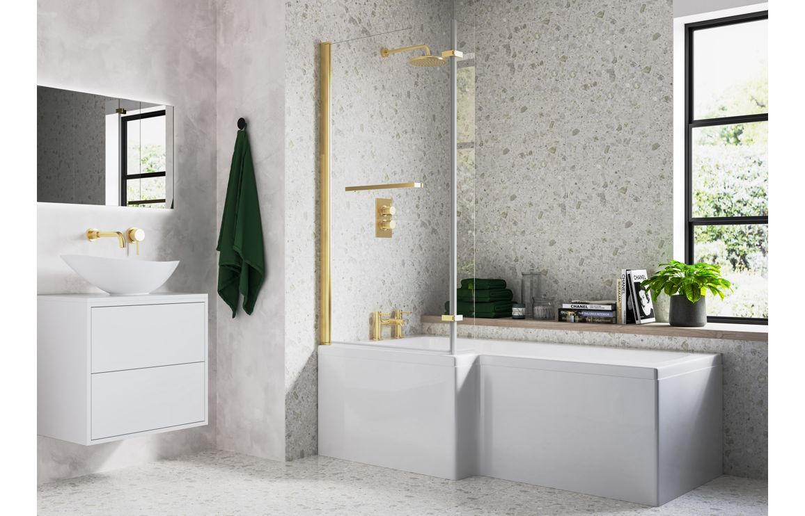Levatine L Shape 1700x850x560mm 0 Tap Holes Shower Bath Pack (Left Hand) - Brushed Brass