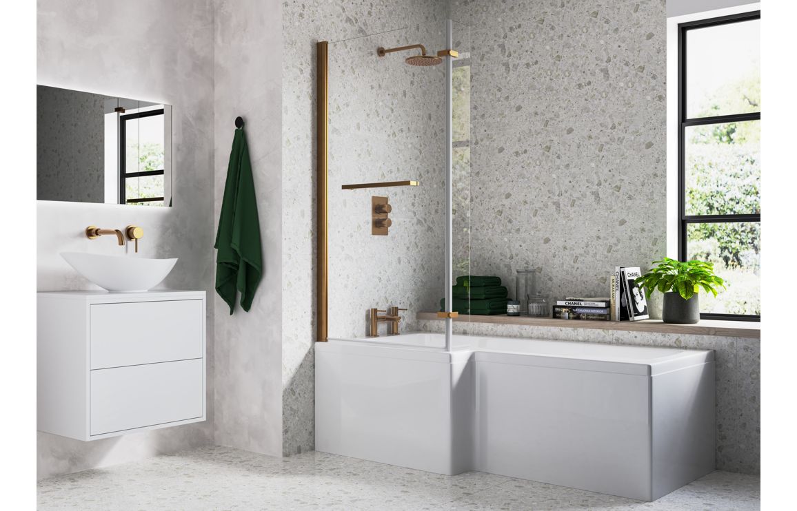 Levatine L Shape SUPERCAST 1700x850x560mm 0 Tap Holes Shower Bath Pack (Right Hand) - Brushed Bronze
