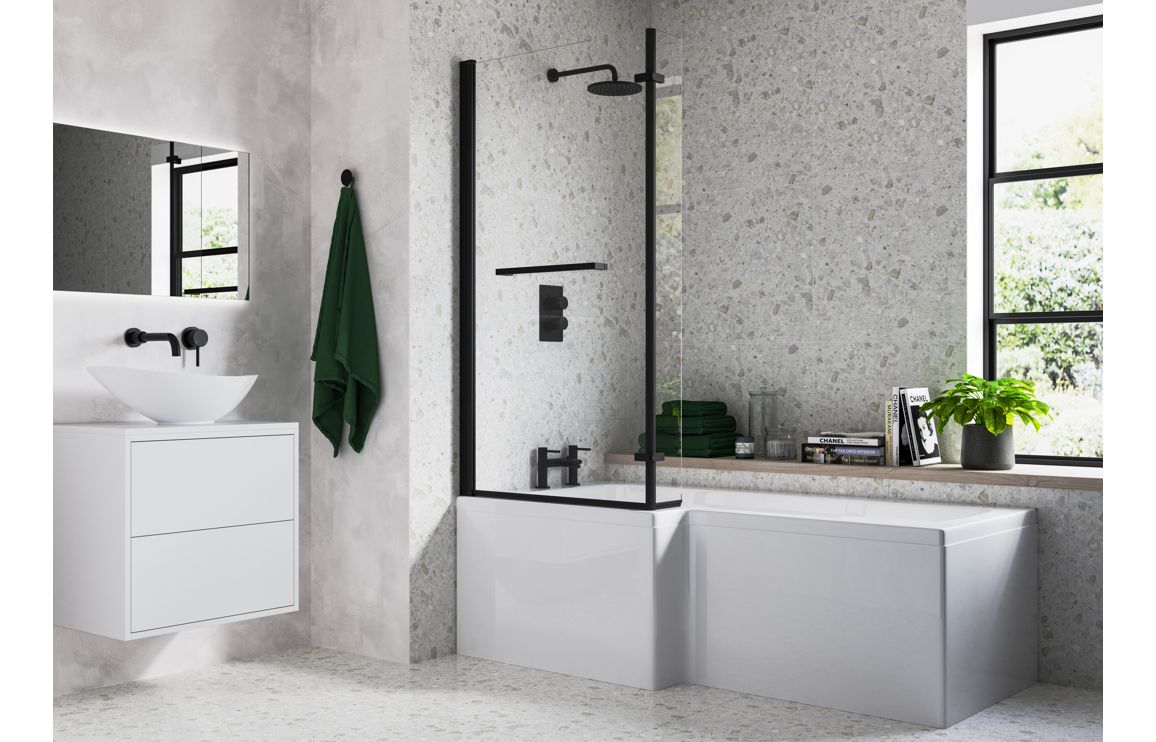 Levatine L Shape 1700x850x560mm 0 Tap Holes Shower Bath Pack (Right Hand) - Matt Black