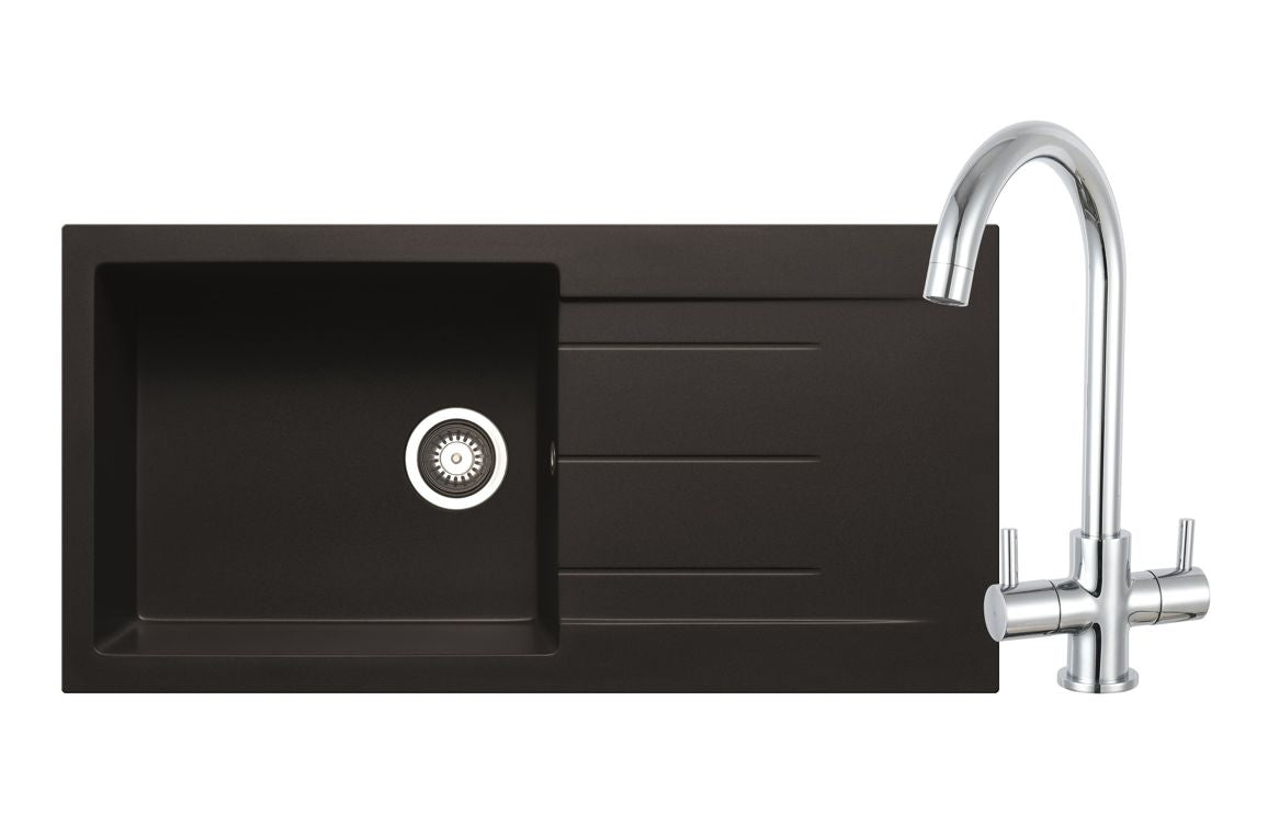 Prima+ Granite 1B Inset Sink &amp; Staten Tap Pack - Black