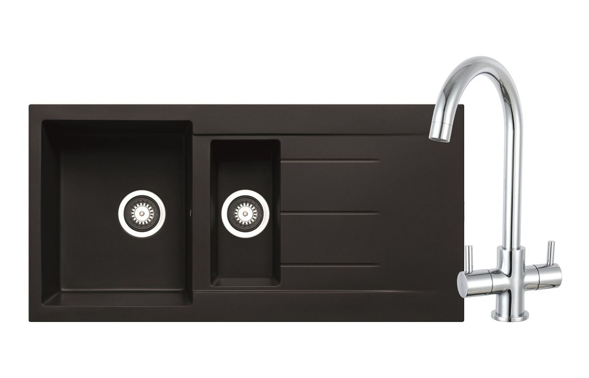 Prima+ Granite 1.5B Inset Sink &amp; Staten Tap Pack - Black