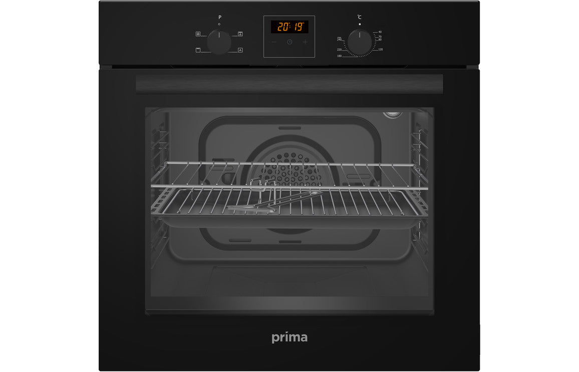 Prima Oven  Gas Hob &amp; Curved Glass Chimney Hood Pack - Black