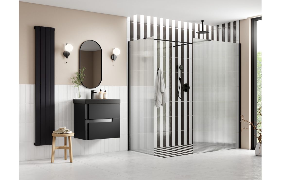 Cygnus 900mm Fluted Wetroom Panel &amp; Side Panel Arm - Black