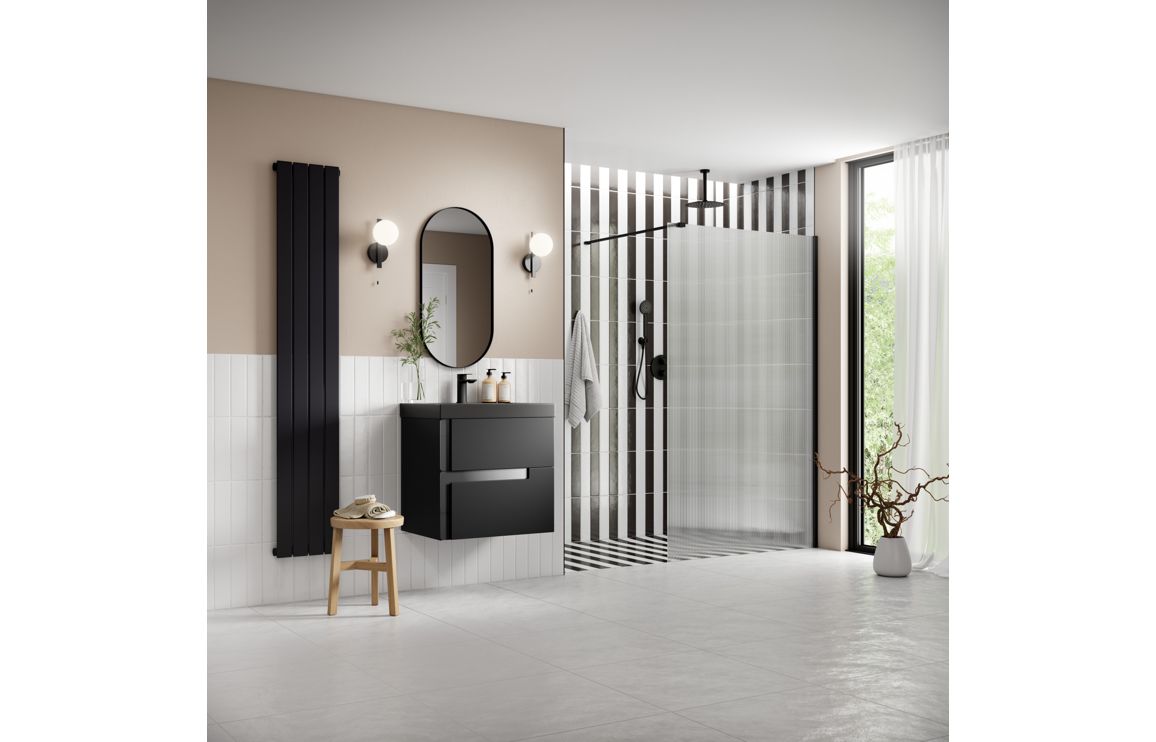 Cygnus 800mm Fluted Wetroom Panel &amp; Support Bar - Black