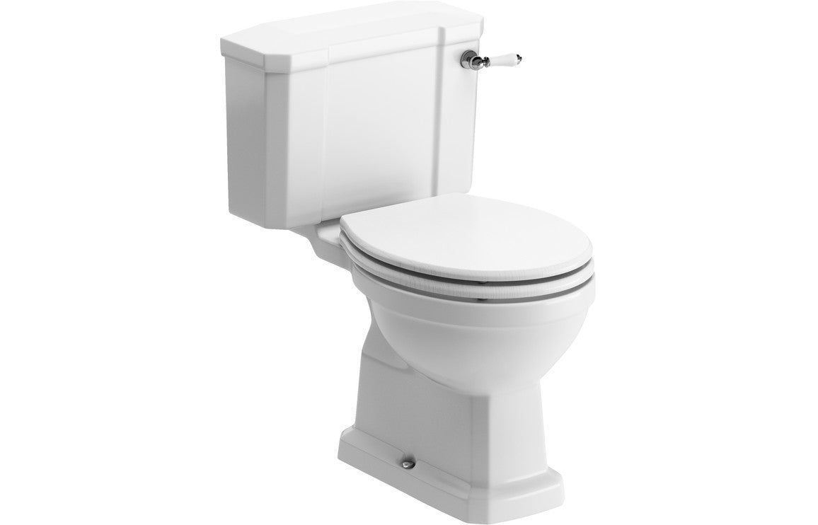 Komoe Close Coupled WC &amp; Satin White Wood Effect Seat With Brushed Brass Finishes