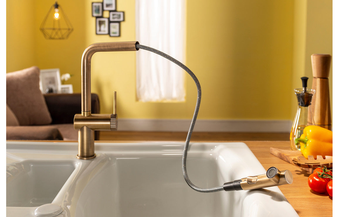 Abode Fraction Pull-Out Mixer Tap - Antique Brass