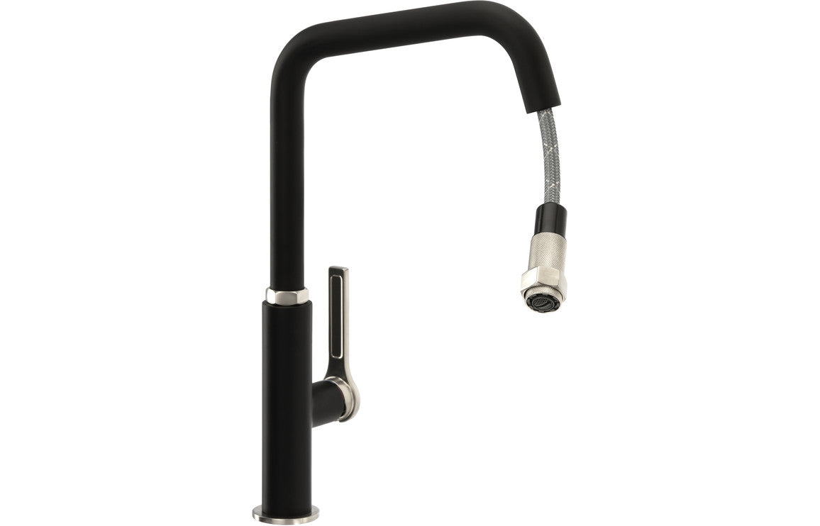 Abode Hex Single Lever Mixer Tap With Pull Out - Brushed Nickel/Black