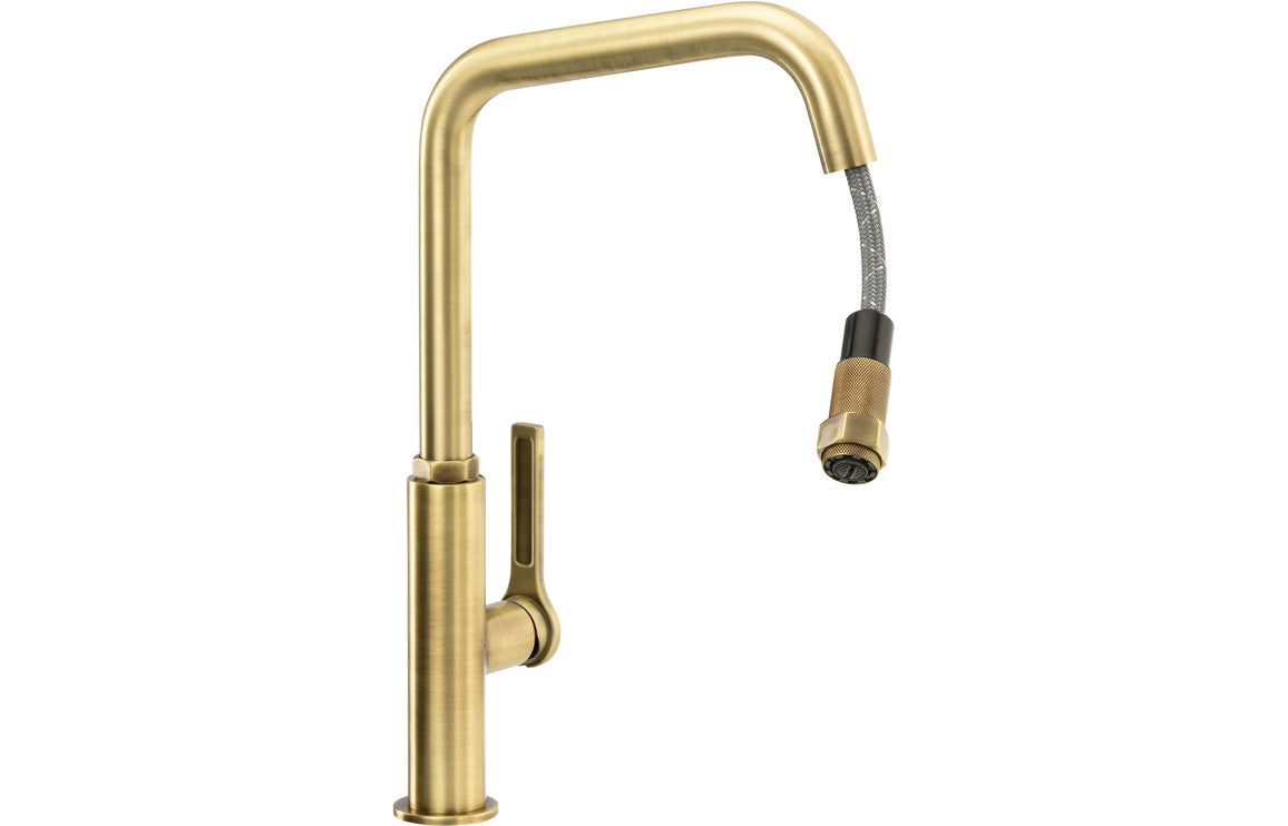 Abode Hex Single Lever Mixer Tap With Pull Out - Antique Brass