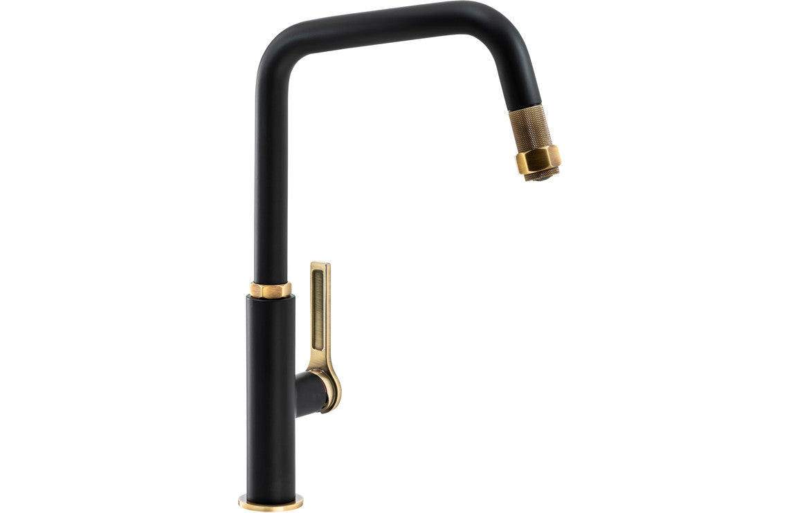 Abode Hex Single Lever Mixer Tap With Pull Out - Antique Brass &amp; Matt Black