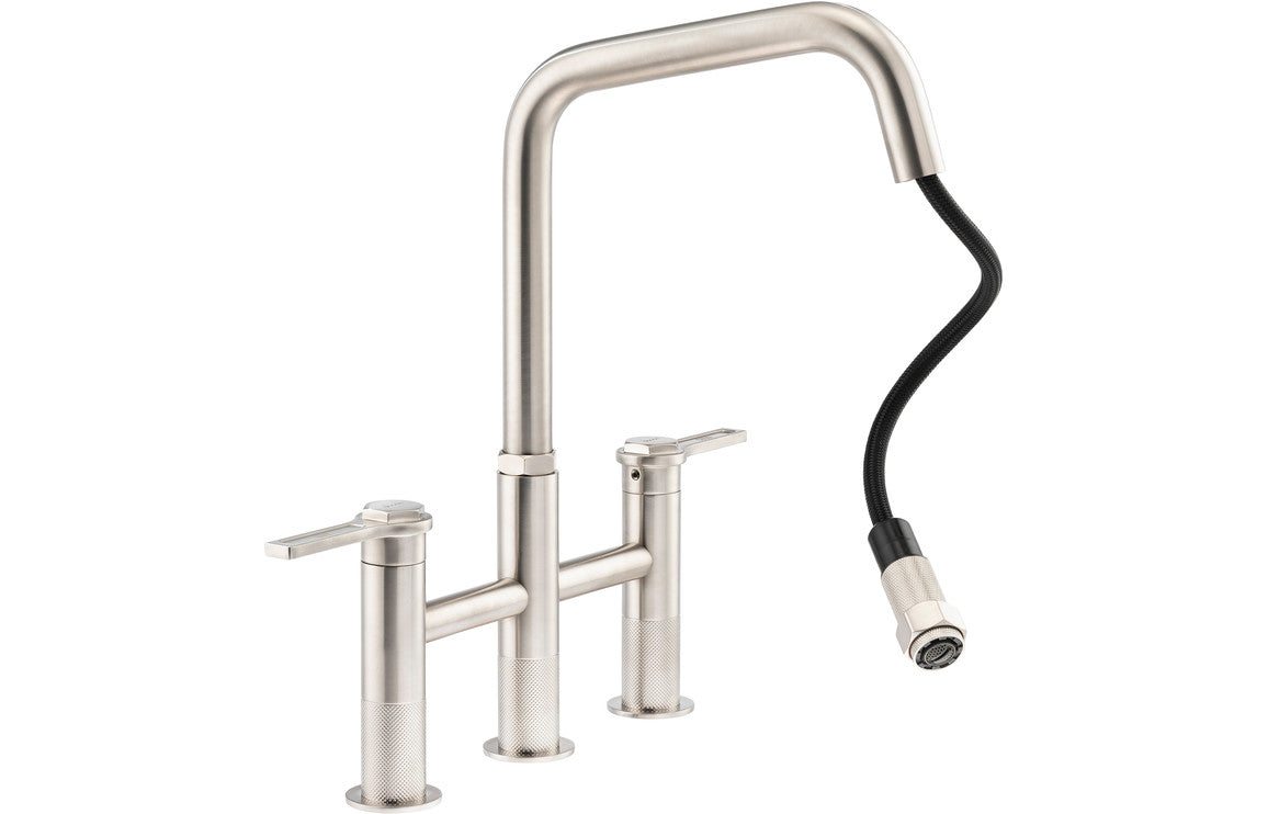 Abode Hex Bridge Dual Lever Mixer Tap With Pull Out - Brushed Nickel