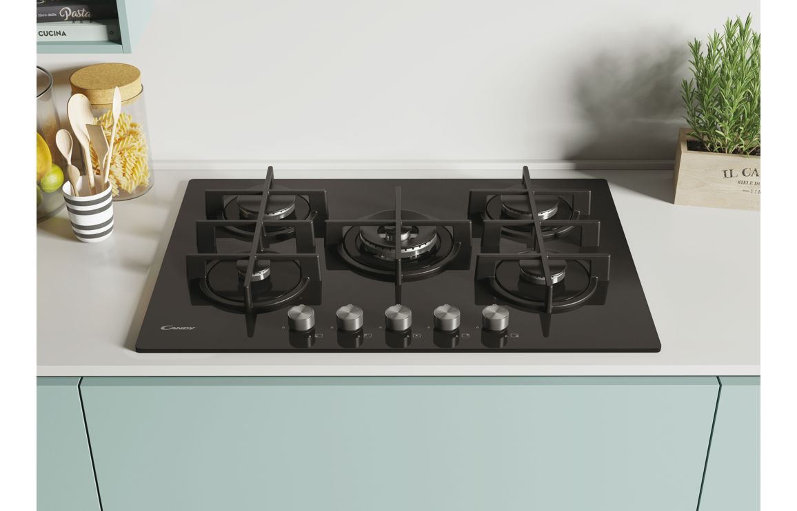 Candy CVG74WPB 75cm Gas Hob - Black Glass