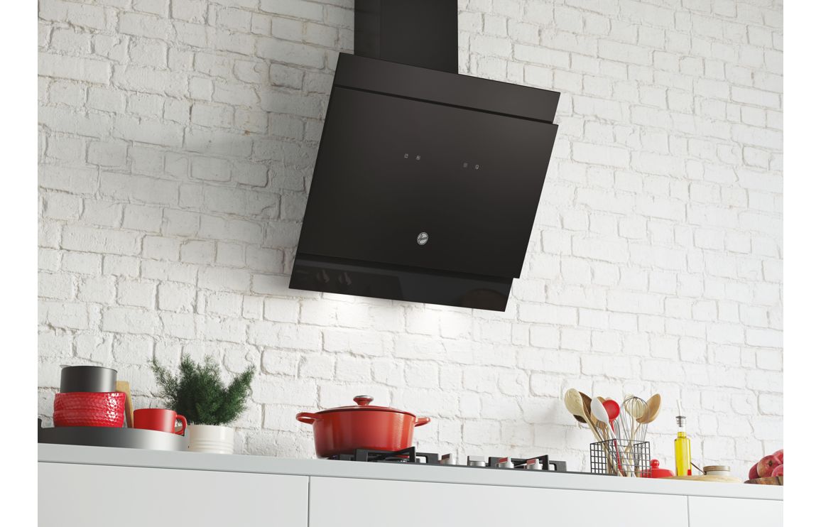 Hoover H500 HDG6DCK3BWIFI 60cm Sloped Chimney Hood - Black Glass