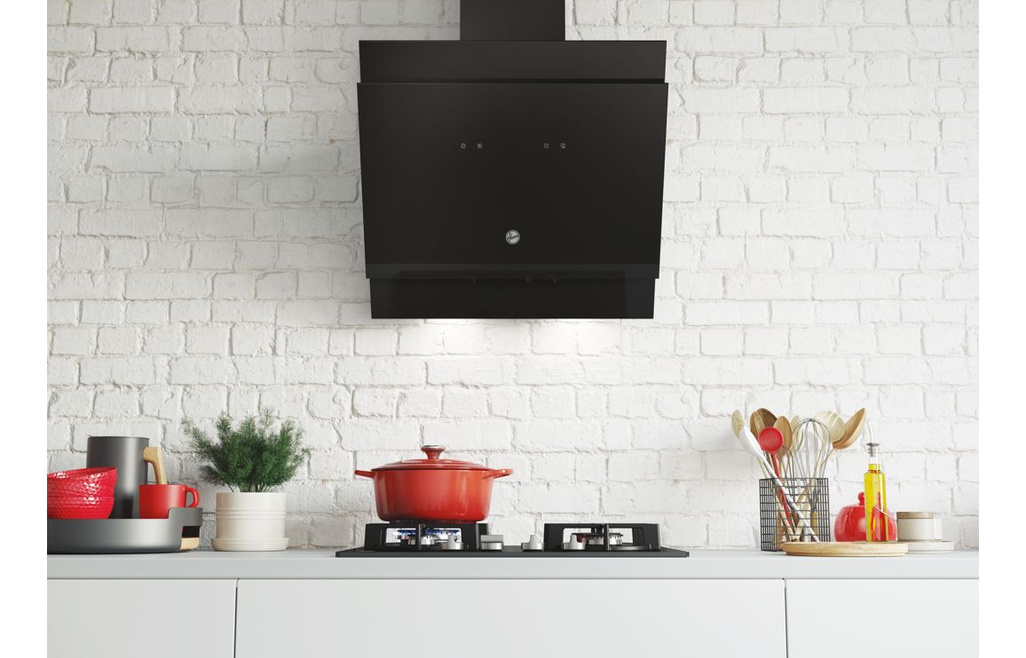 Hoover H500 HDG6DCK3BWIFI 60cm Sloped Chimney Hood - Black Glass