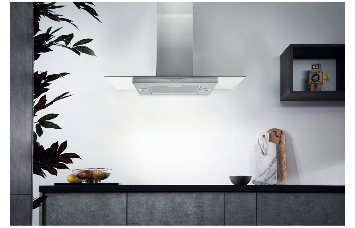 Hotpoint UIF 9.3F LB X 90cm Flat Glass Island Hood - Glass &amp; Stainless Steel